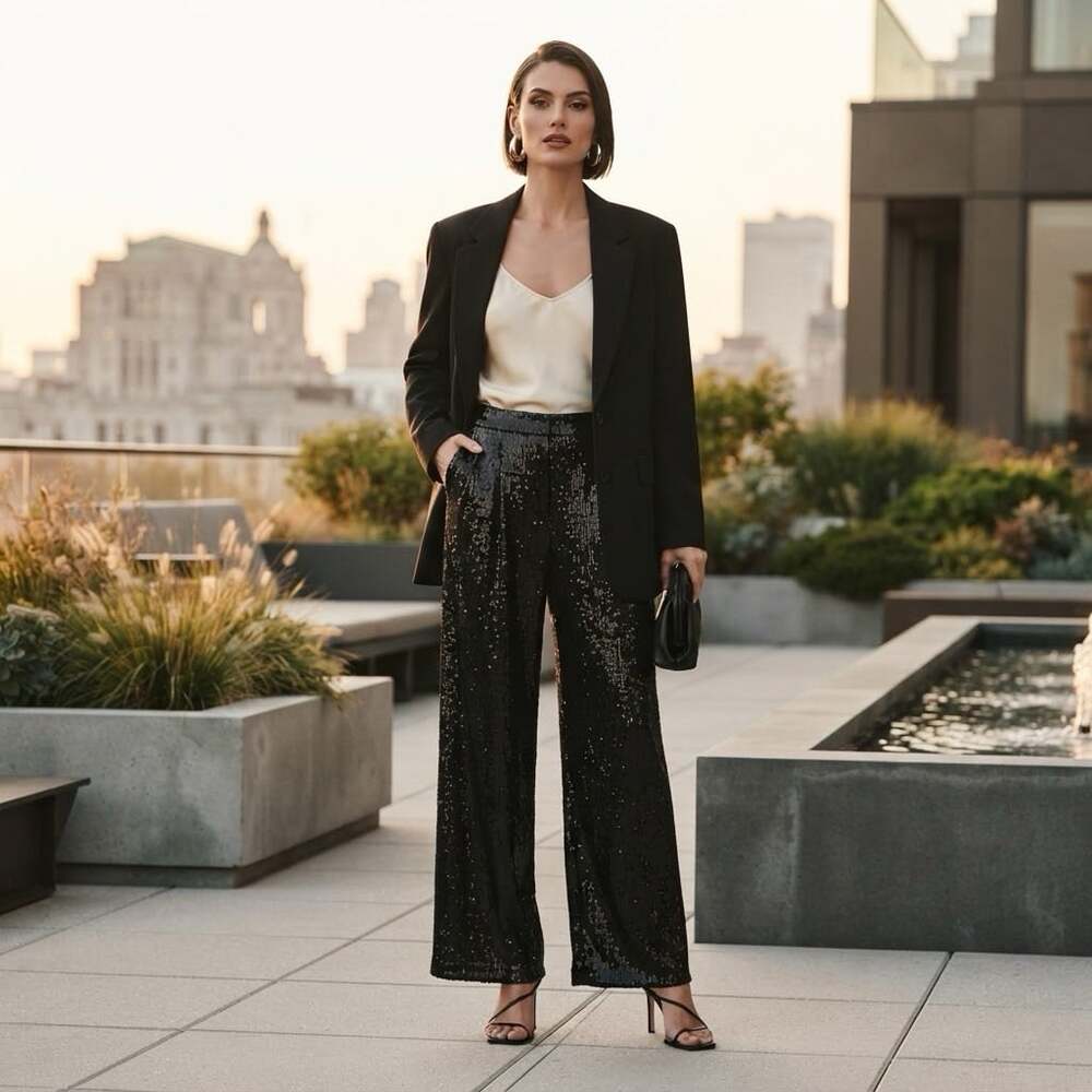 Banana Republic Womens sz 2 Wide Leg Black Sequin Pleated Pants Trousers NYE